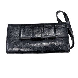 Kate Spade Black Ostrich Leather Mara Bow Envelope Clutch Wallet Wristlet